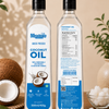 Two bottles of Meadow's Coconut Oil, one showing the front label and the other showing the back nutrition facts, displayed on a wooden surface with coconuts and green leaves in the background.